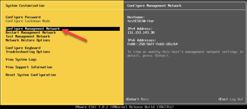 Navigating to configure management network window in ESXi.