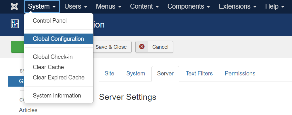 Heading to Global Configuration on the Joomla dashboard