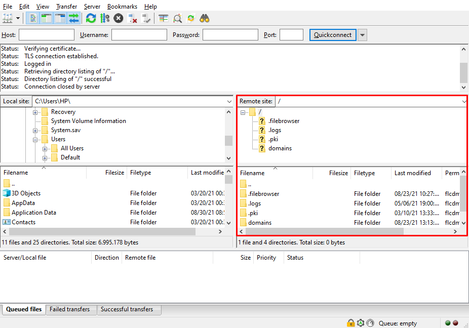 Remote site section on FileZilla