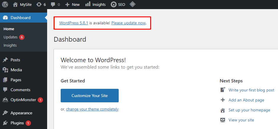 WordPress update notification.
