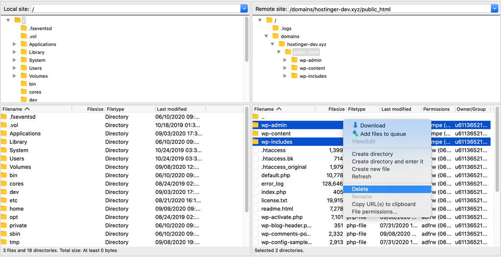 Deleting the wp-admin and wp-includes directories