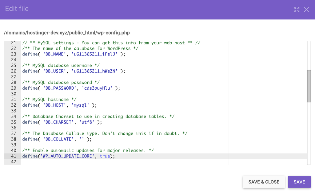 Editing the wp-config.php file