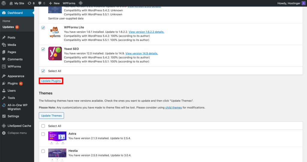The button to update plugins on the WordPress dashboard