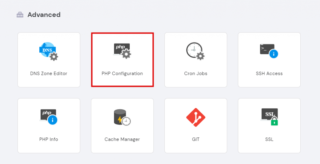 Selecting PHP Configuration under the Advanced section in hPanel.