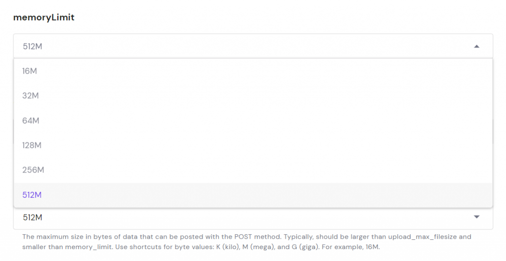 Screenshot of the memoryLimit settings on PHP Configurations on the hPanel