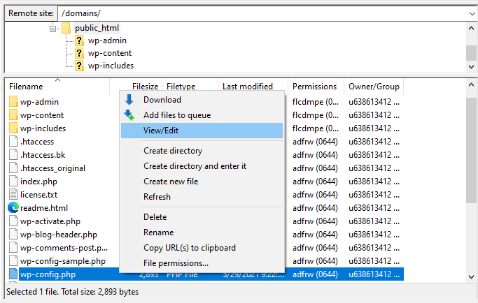 Selecting to View/Edit the wp-config.php file on FileZilla.
