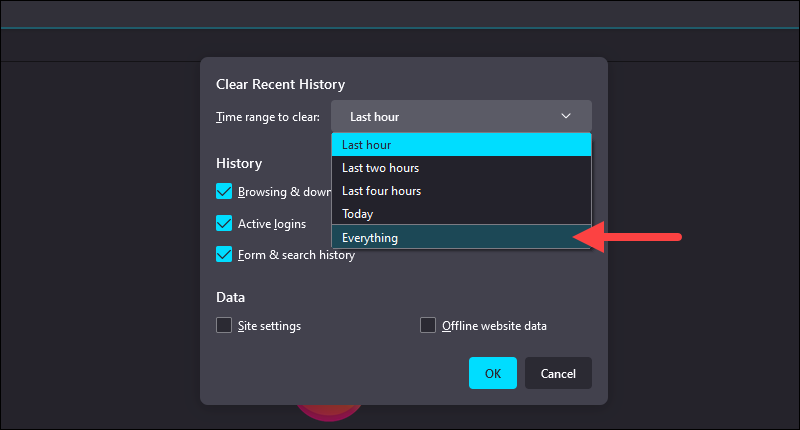 Selecting the time range for clearing browsing data in Firefox.