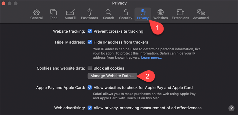 Managing website data in Safari.