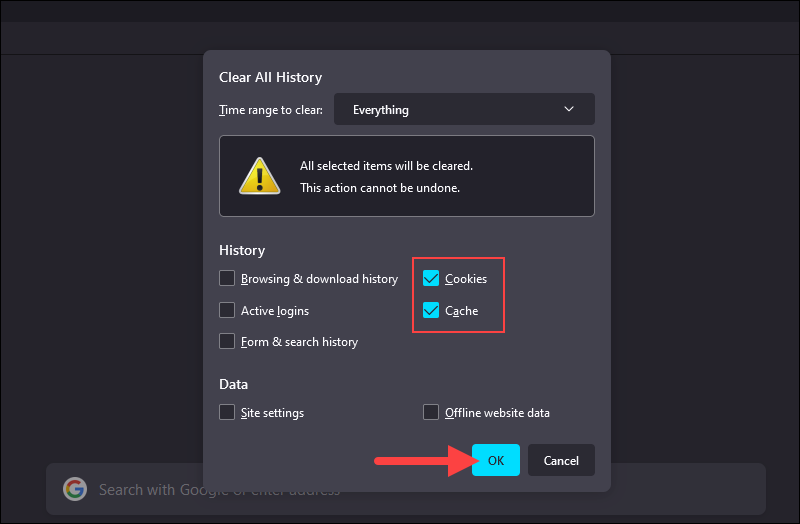 Clearing the browsing data in Firefox.