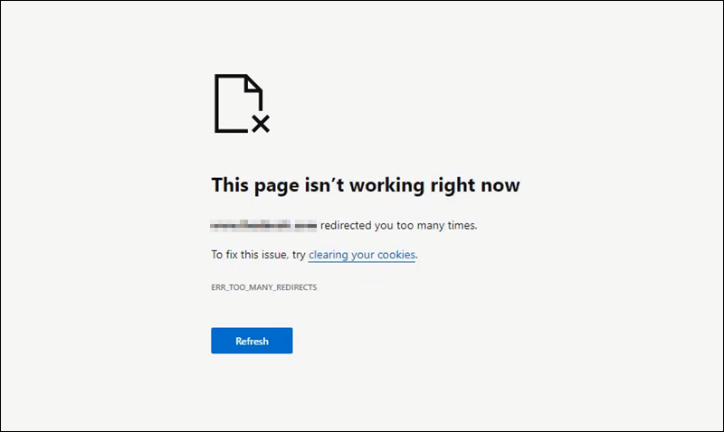 The ERR_TOO_MANY_REDIRECTS error in Microsoft Edge.