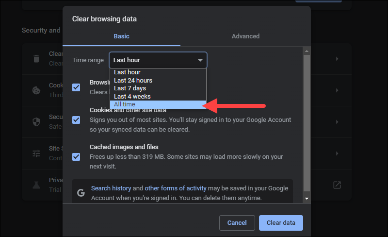 Selecting the time range for clearing browsing data in Chrome.