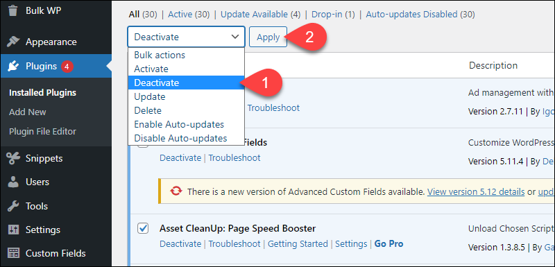 Deactivating all plugins in WordPress to troubleshoot the ERR_TOO_MANY_REDIRECTS error.
