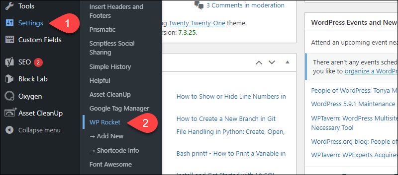 Configuring WP Rocket settings in WordPress.