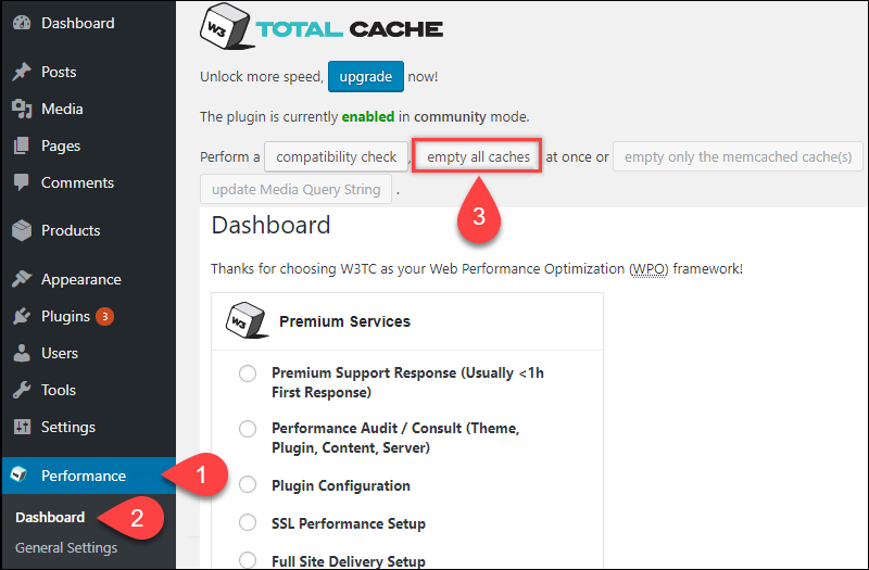 Clearing the cache in W3 Total Cache.