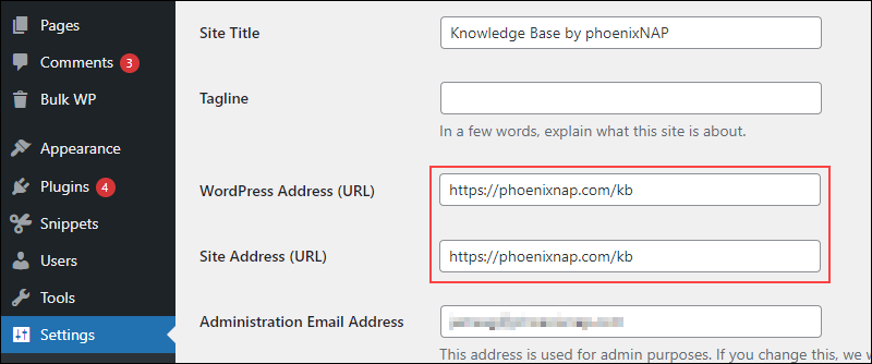 Configuring site settings in WordPress.