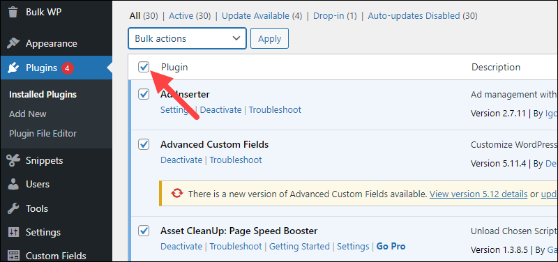 Selecting all active plugins in WordPress.