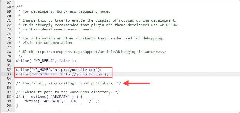 Editing site settings in wp-config.php.