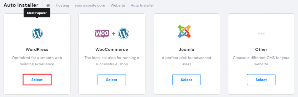 Selecting WordPress on hPanel's Auto Installer. 