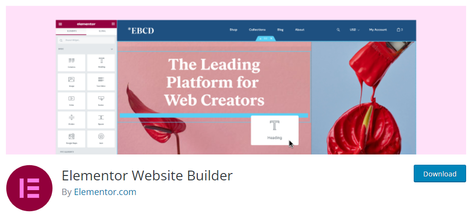 The page of Elementor, a WordPress plugin.