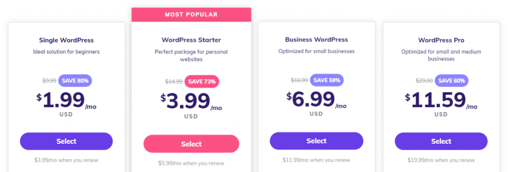A selection of WordPress hosting plans available at Hostinger.