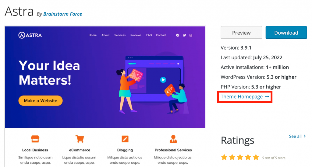 Accessing the homepage of a theme from the official WordPress theme directory. 