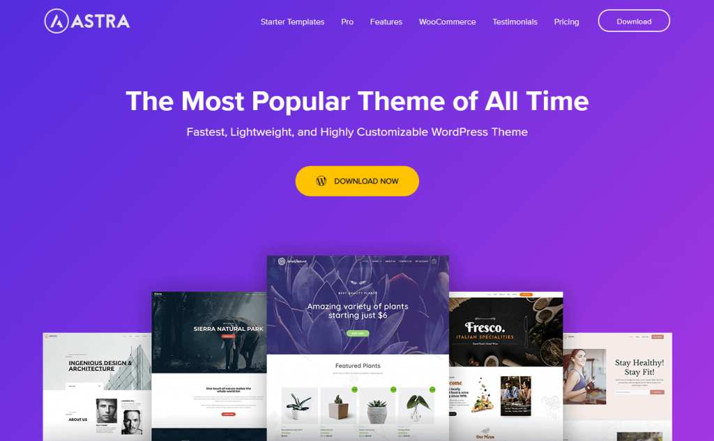 The homepage of Astra, a freemium WordPress theme.