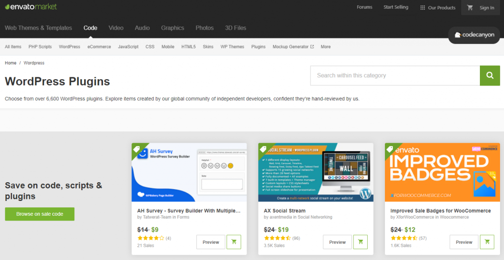 The WordPress plugin selection at CodeCanyon.
