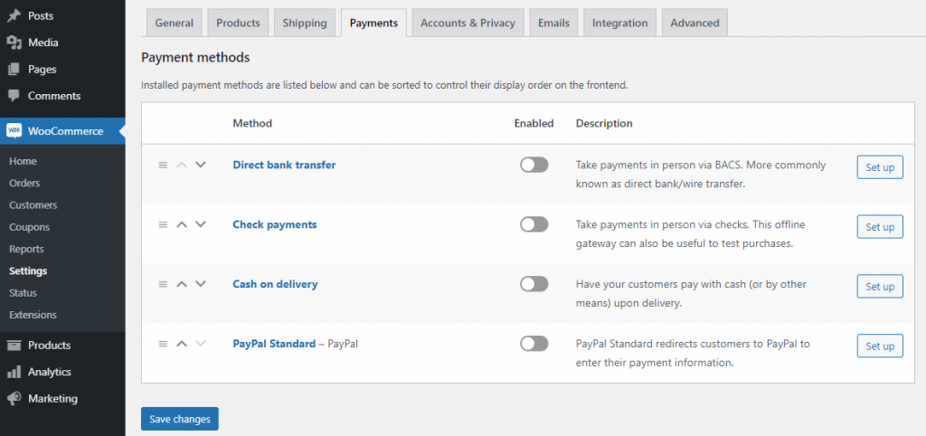 Configuring WooCommerce from the WordPress dashboard.