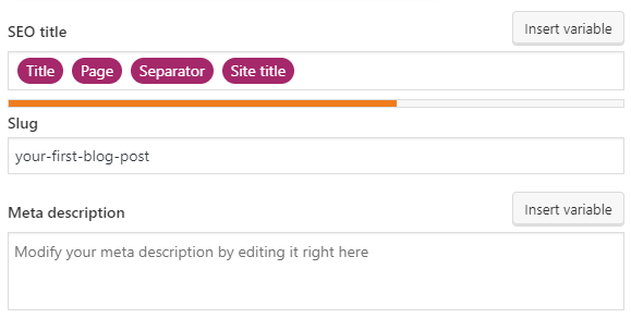 SEO title, post slug, and meta description configuration on the Yoast SEO plugin.