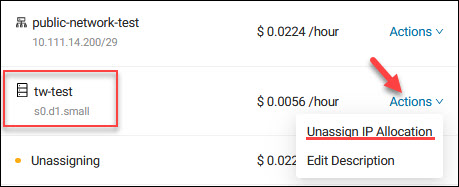 Unassign public IP allocation action link.