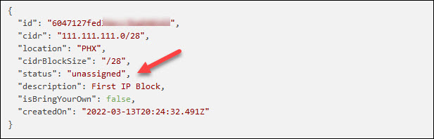 Purchase a public IP block via API response.