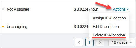 Delete public IP allocation action link.