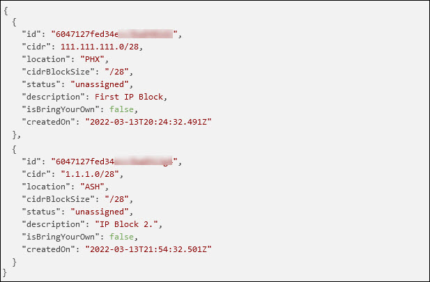 The list of purchased public IP blocks and their details via API