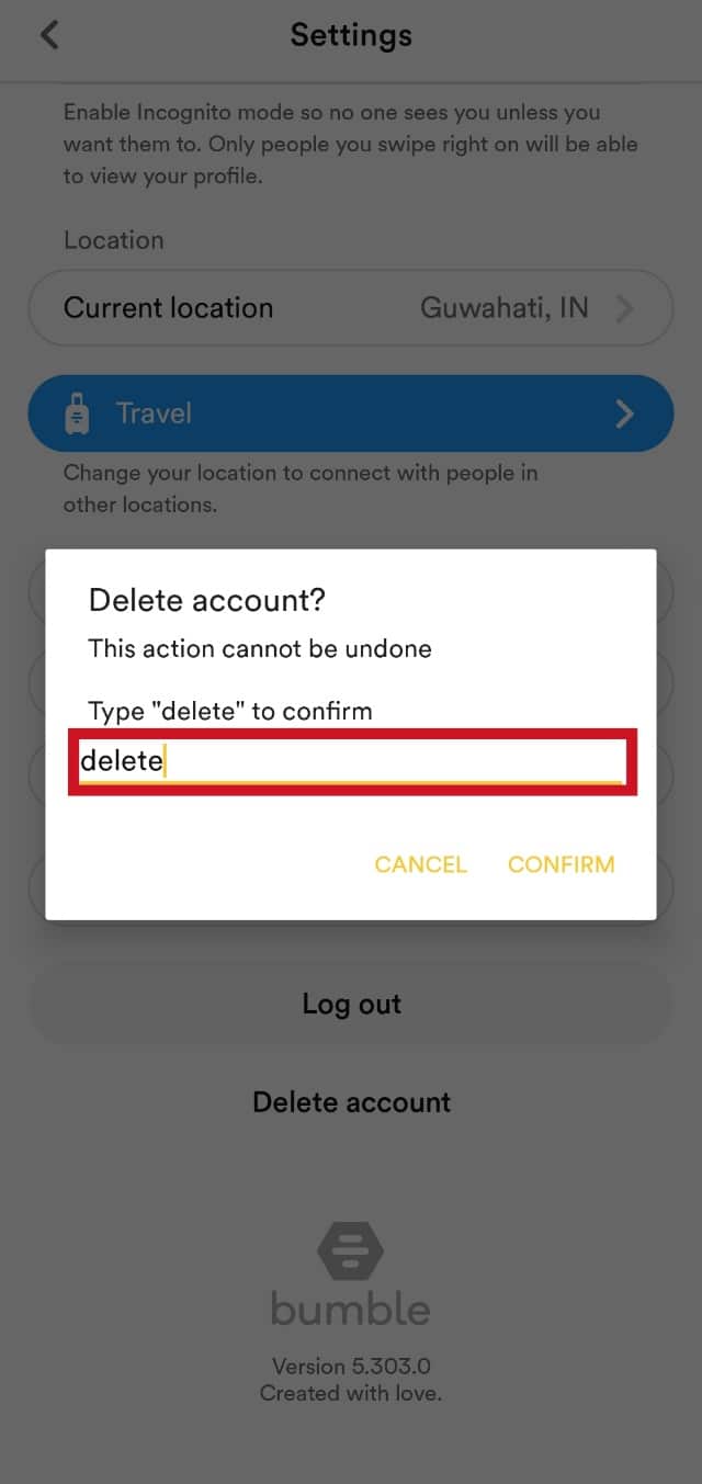 Type delete in the text field