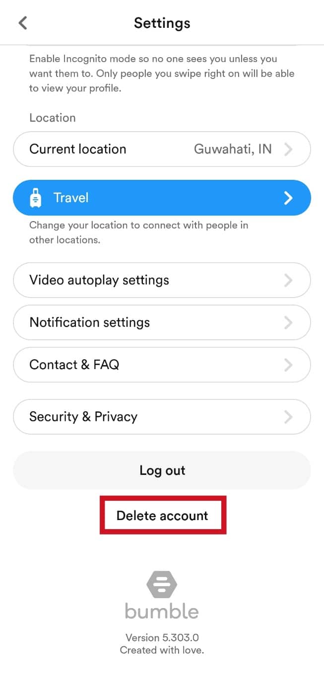 Tap on the Delete account option | what happens when you delete Bumble account