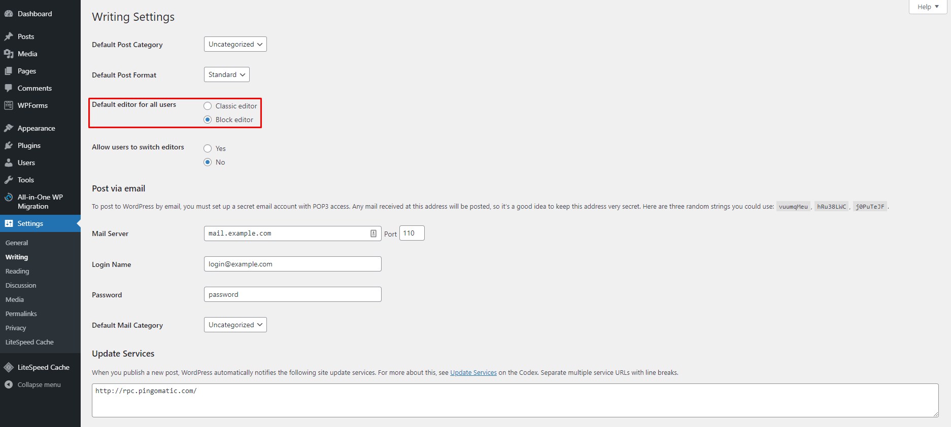 WordPress settings to change the default editor