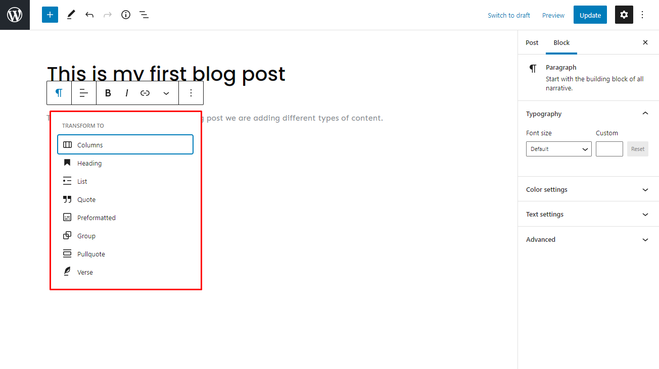 The WordPress Gutenberg Editor's transform blocks function