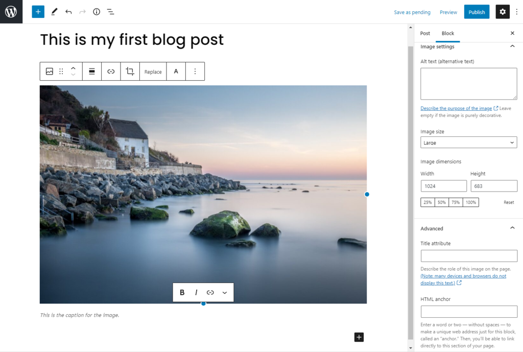 The WordPress Gutenberg editor's image block settings