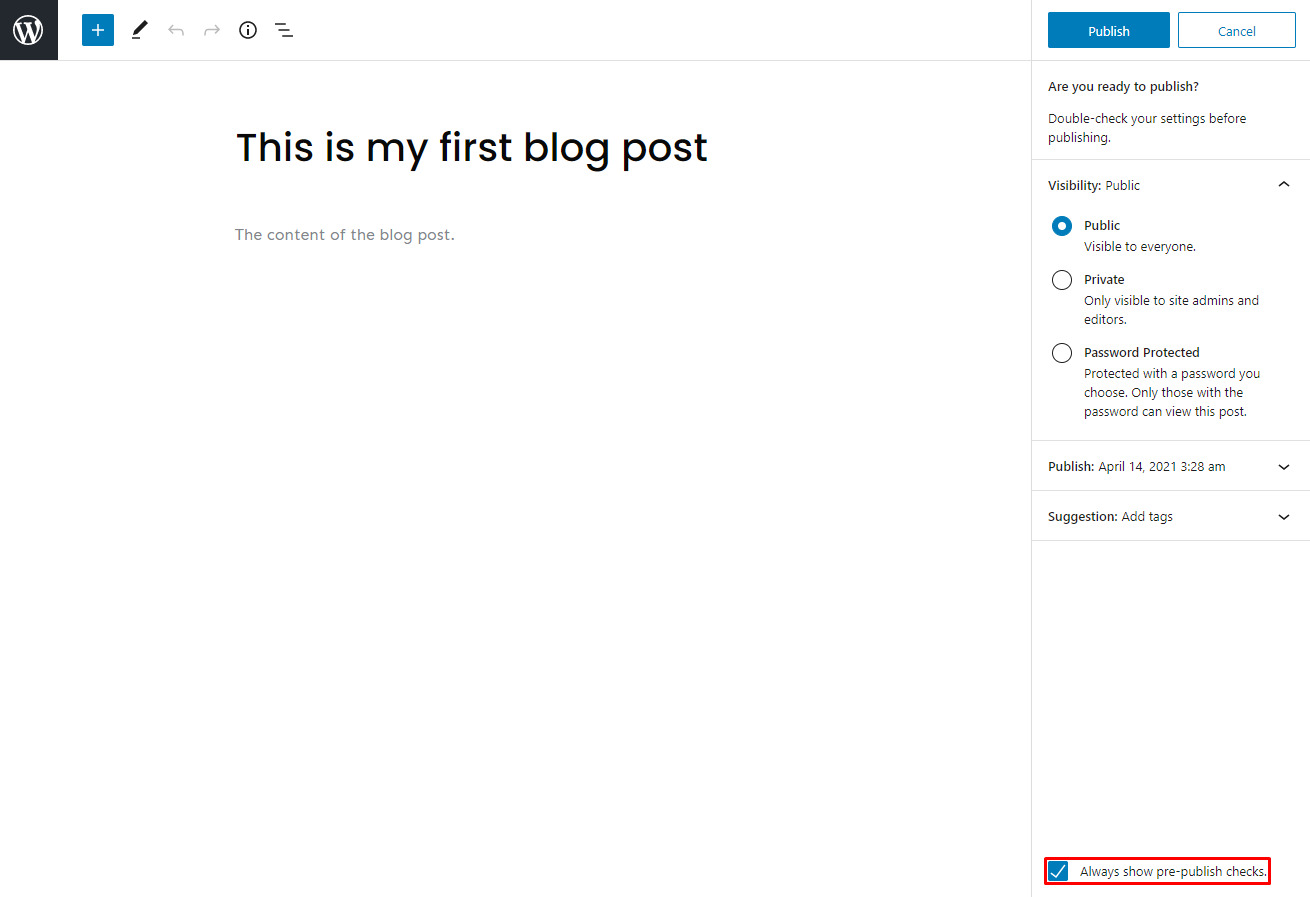 The Always show pre-publish checks box on the WordPress Gutenberg editor