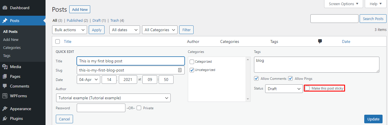 The Make this post sticky box on the WordPress dashboard's Posts page