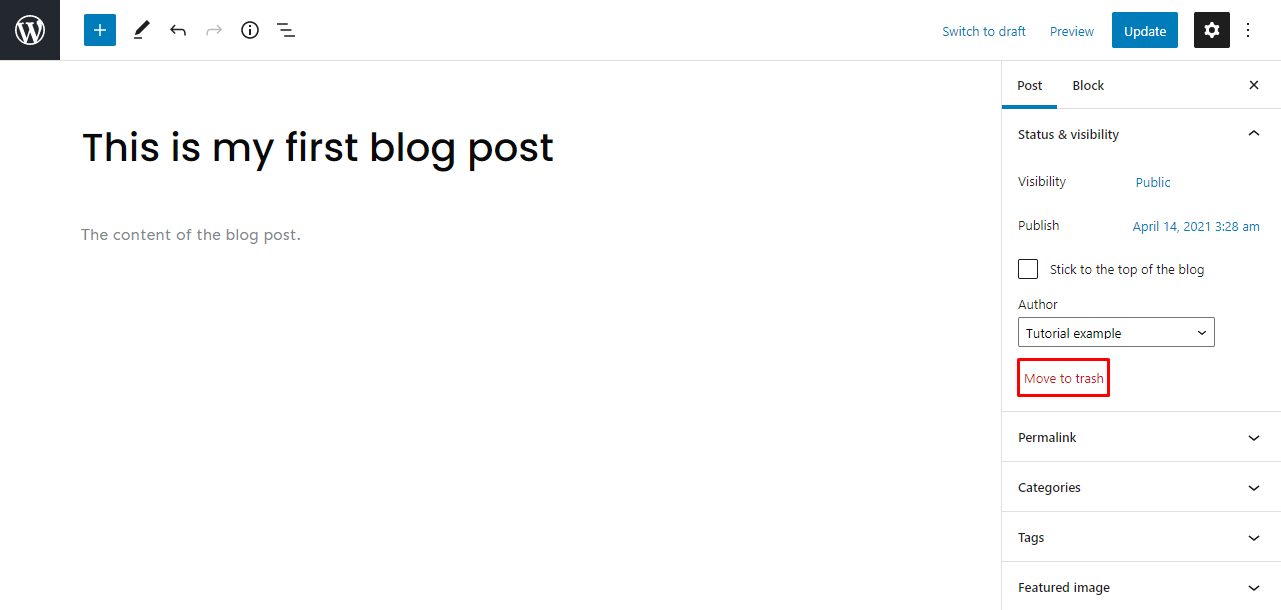 The Move to trash button on the WordPress Gutenberg editor