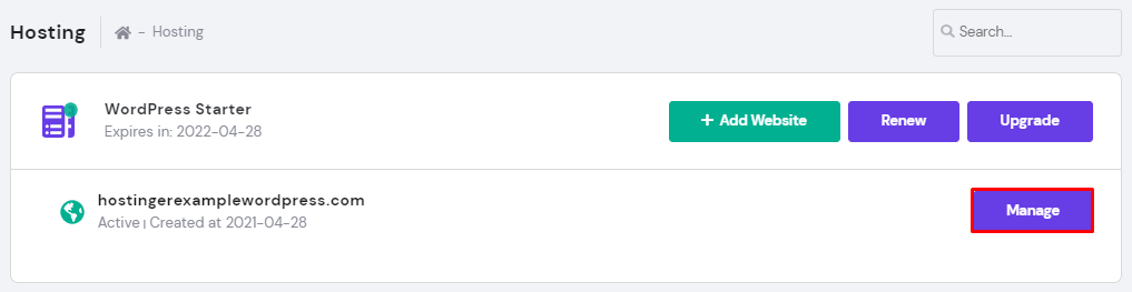 Selecting the Manage button on the hostingerexamplewordpress.com's WordPress Starter hosting account