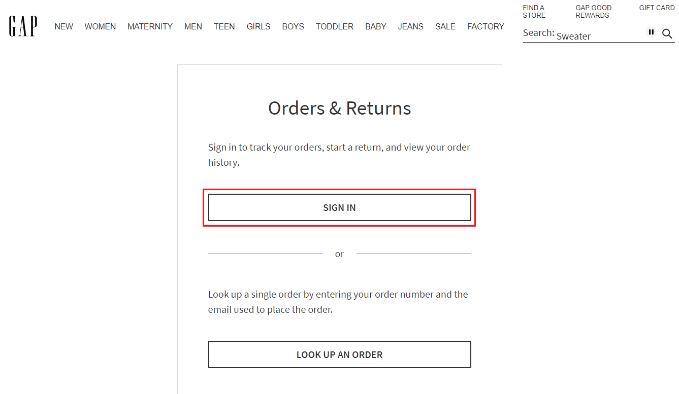 Gap Orders & Returns page