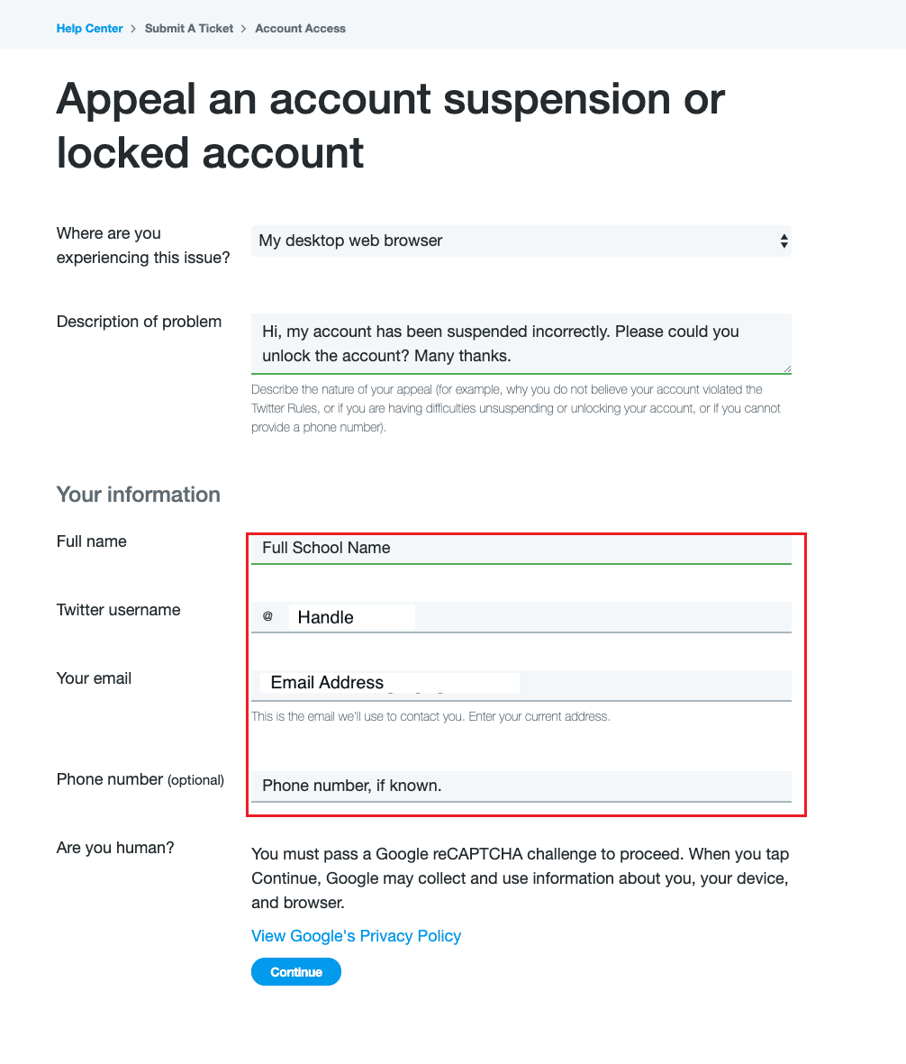 Add personal information in Twitter Help center page