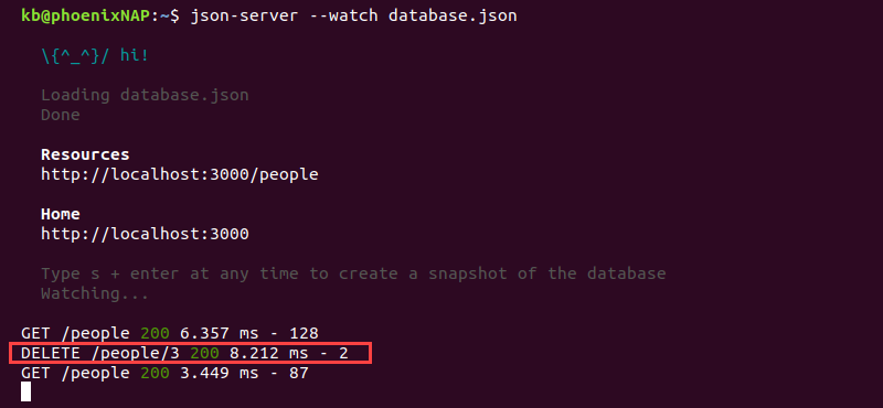 json server curl delete request response 200