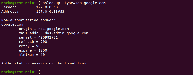 Viewing the domain's SOA records.