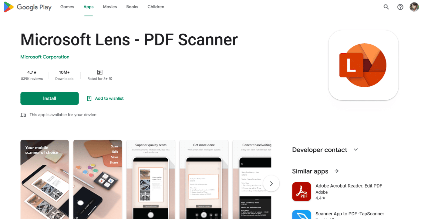 Microsoft Lens in play store