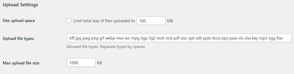 The Upload Settings section on the WordPress Multisite dashboard