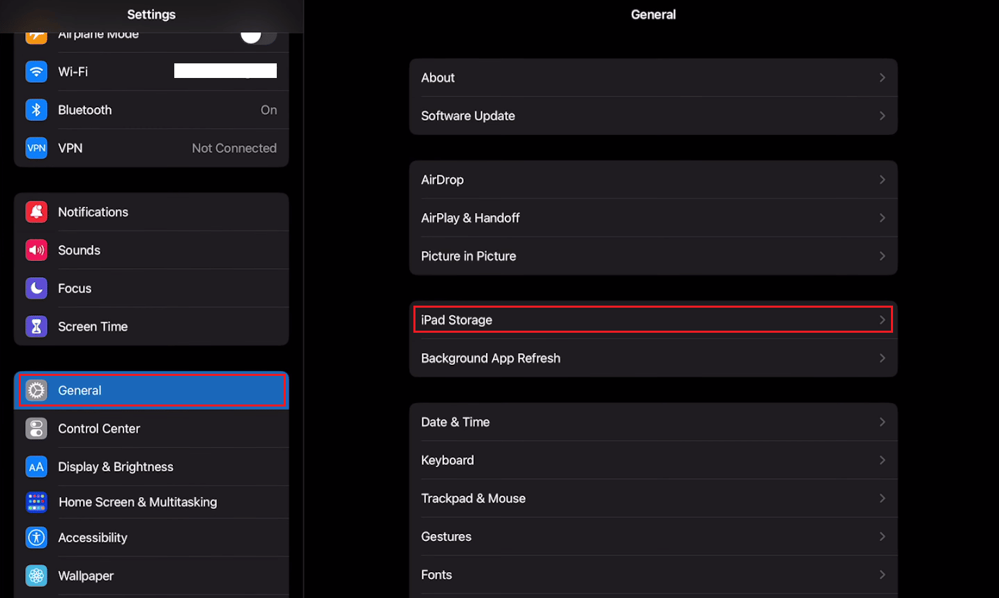 Settings - General - iPad Storage