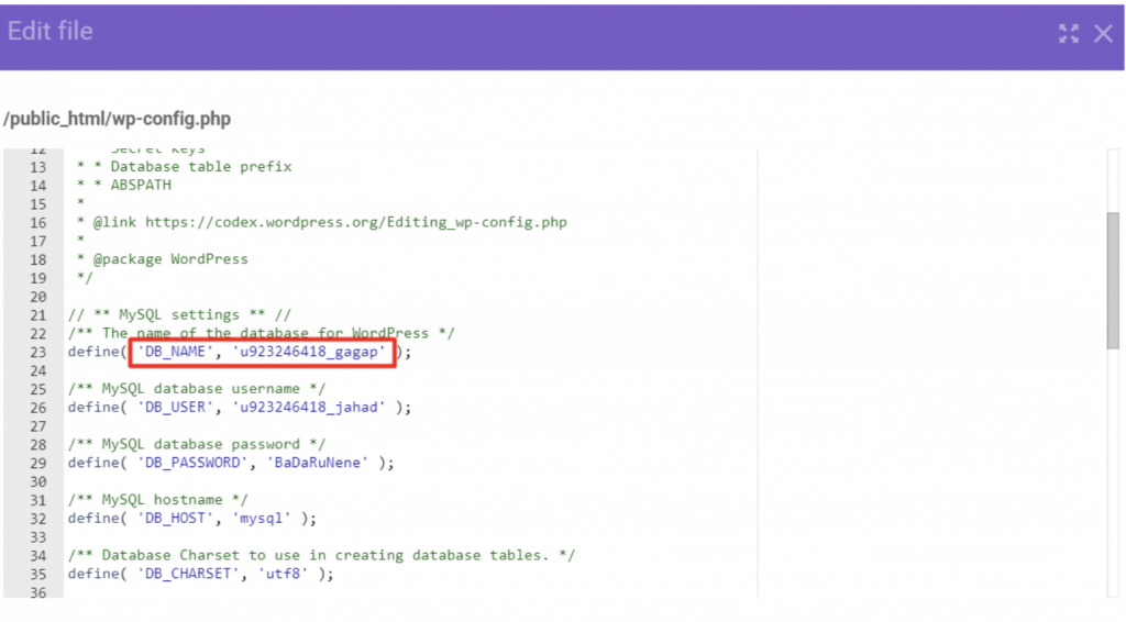 wp-config.php page, searching for DB_NAME